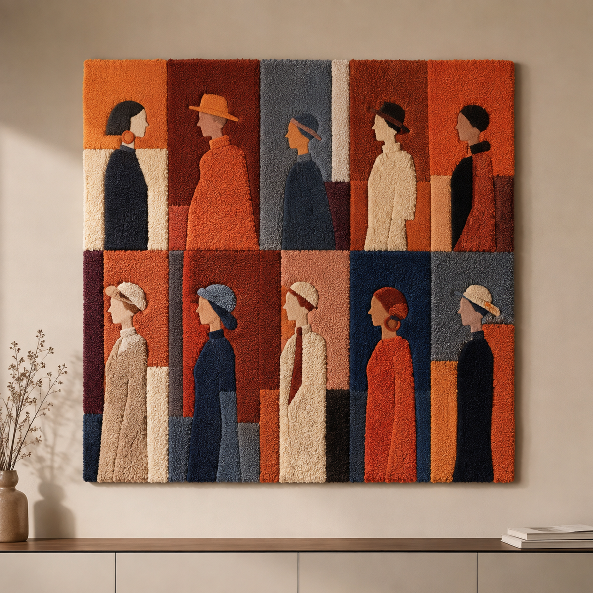 Hewn Earth Embrace wall art featuring abstract earthy tones, ideal for modern home decor, displayed on a plain wall.