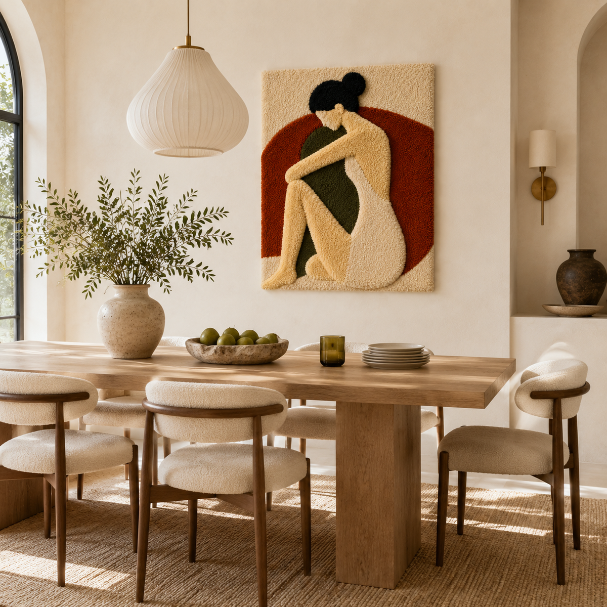 Hewn Earth Sienna Wall Art Figure, abstract ceramic sculpture on a wall, showcasing earthy tones and textured surface.