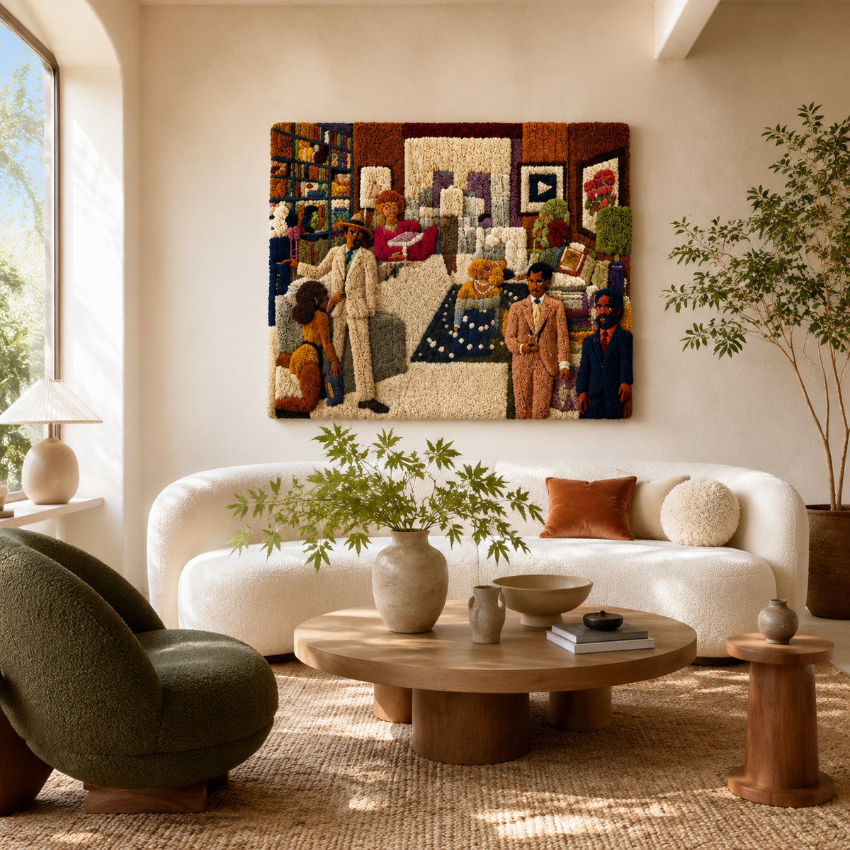 Woman with cat wall art by Hewn Earth, featuring a peaceful woman sitting with her cat in a serene, artistic scene.