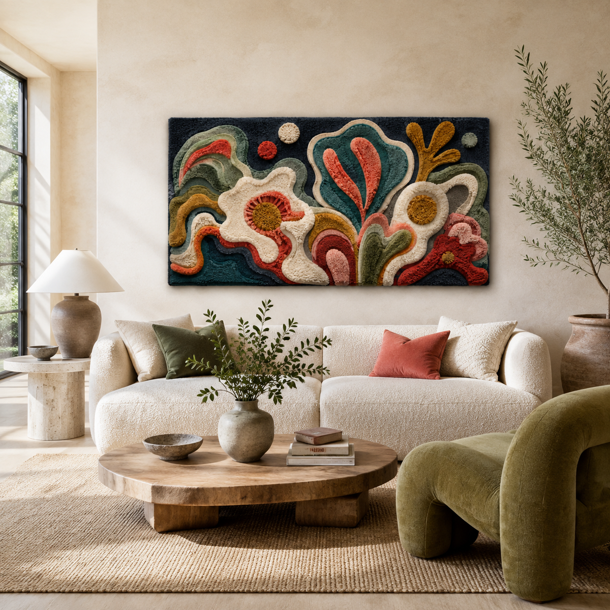 Close-up of Hewn Earth Night Tiles wall art featuring textured, earthy-toned ceramic tiles with intricate patterns.