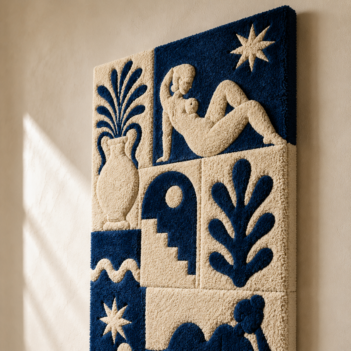 Close-up of Hewn Earth Sun and Moon tiles wall art featuring intricate celestial designs and vibrant colors.