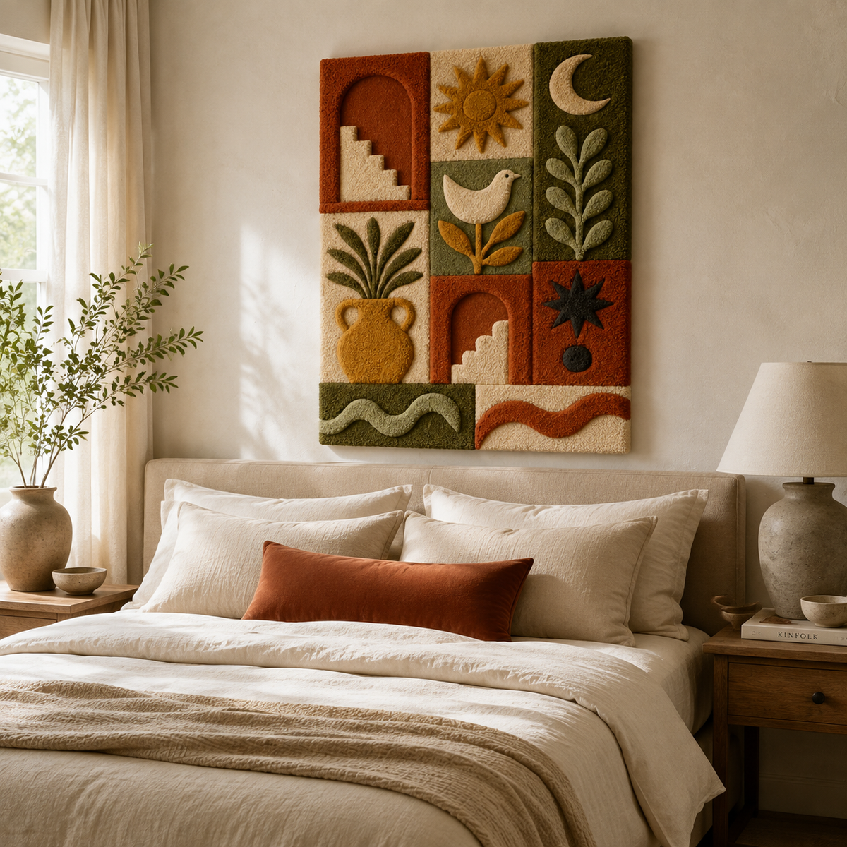 Hewn Earth Diamond Muse wall art featuring intricate geometric patterns in neutral tones on a textured surface.