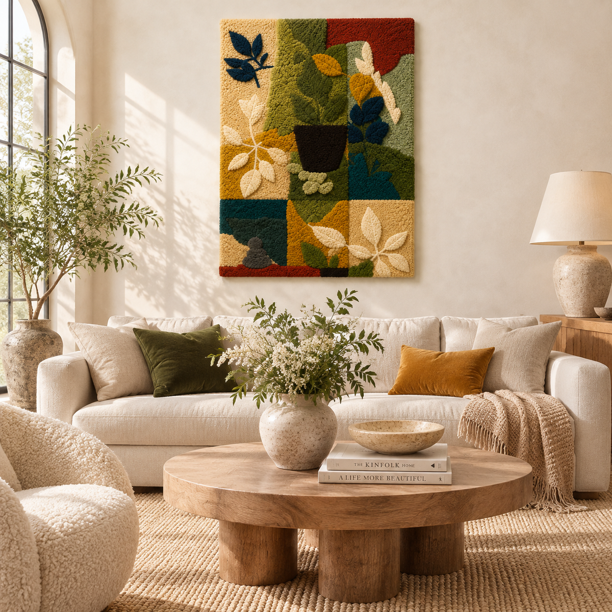 Close-up of Hewn Earth Ribbon Geometry wall art featuring intricate, colorful geometric fabric patterns on a textured background.