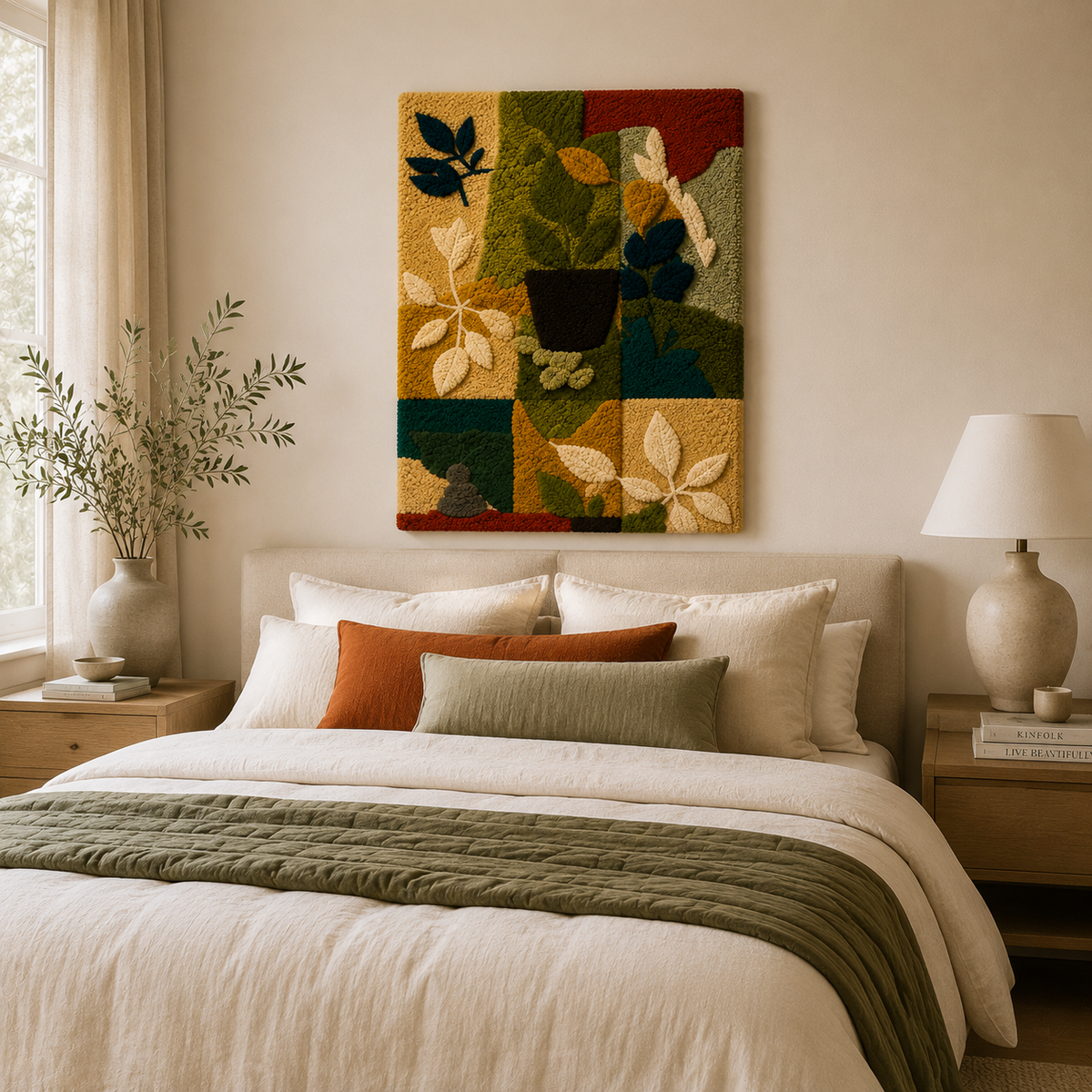 Hewn Earth Ribbon Geometry wall art featuring colorful, abstract geometric shapes on a neutral background.