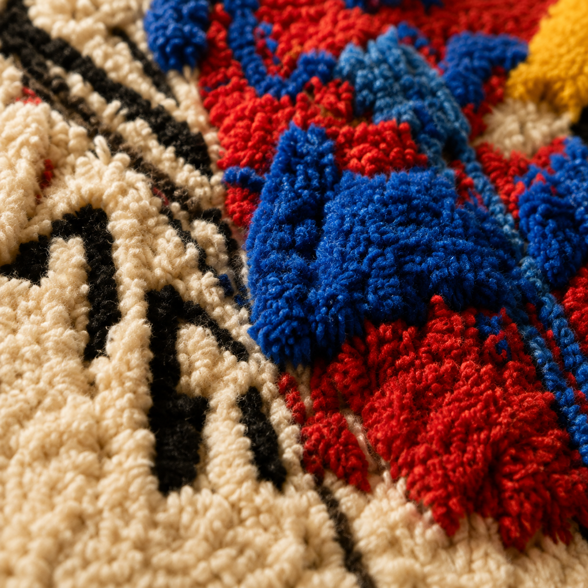 Close-up of Hewn Earth Electric Glyphs wall art featuring intricate, glowing geometric designs on a dark background