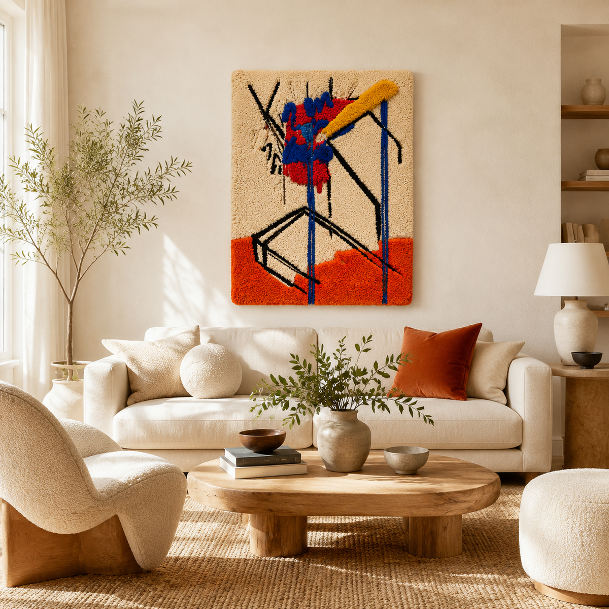 Hewn Earth Electric Glyphs wall art featuring intricate geometric designs on a neutral background.