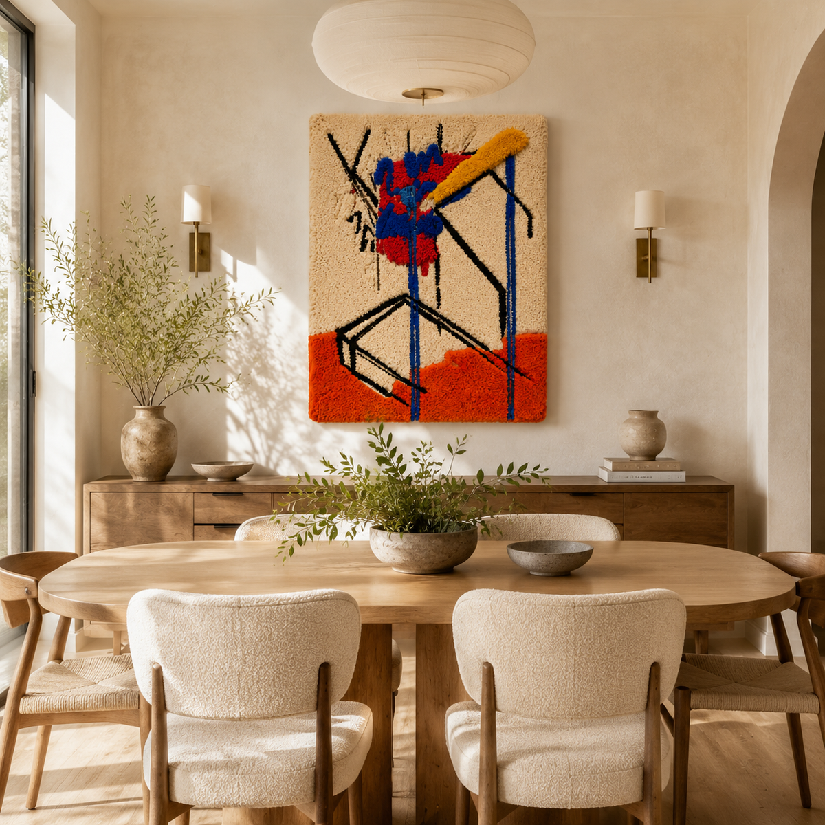 Hewn Earth Electric Glyphs wall art featuring abstract geometric designs on a white background.