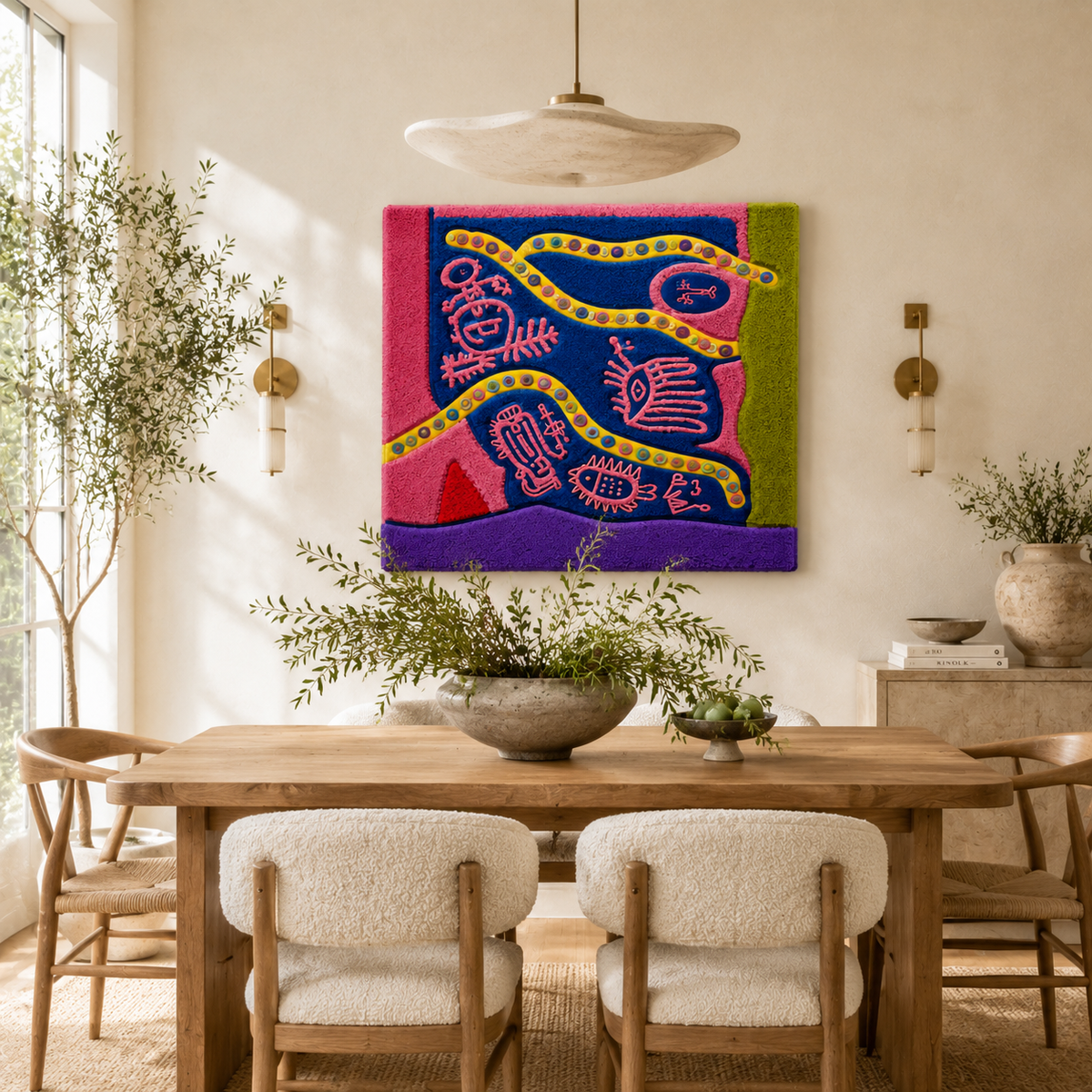Hewn Earth Cubist Garden wall art featuring geometric shapes and earthy tones on a neutral background.