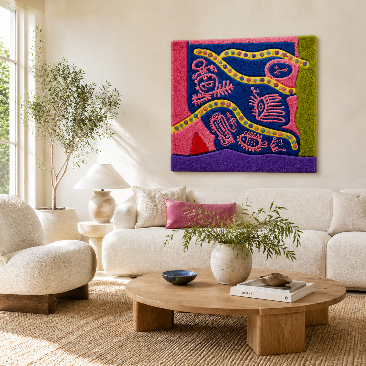 Hewn Earth Cubist Garden wall art featuring geometric plant designs in earthy tones, suitable for modern interior decor.