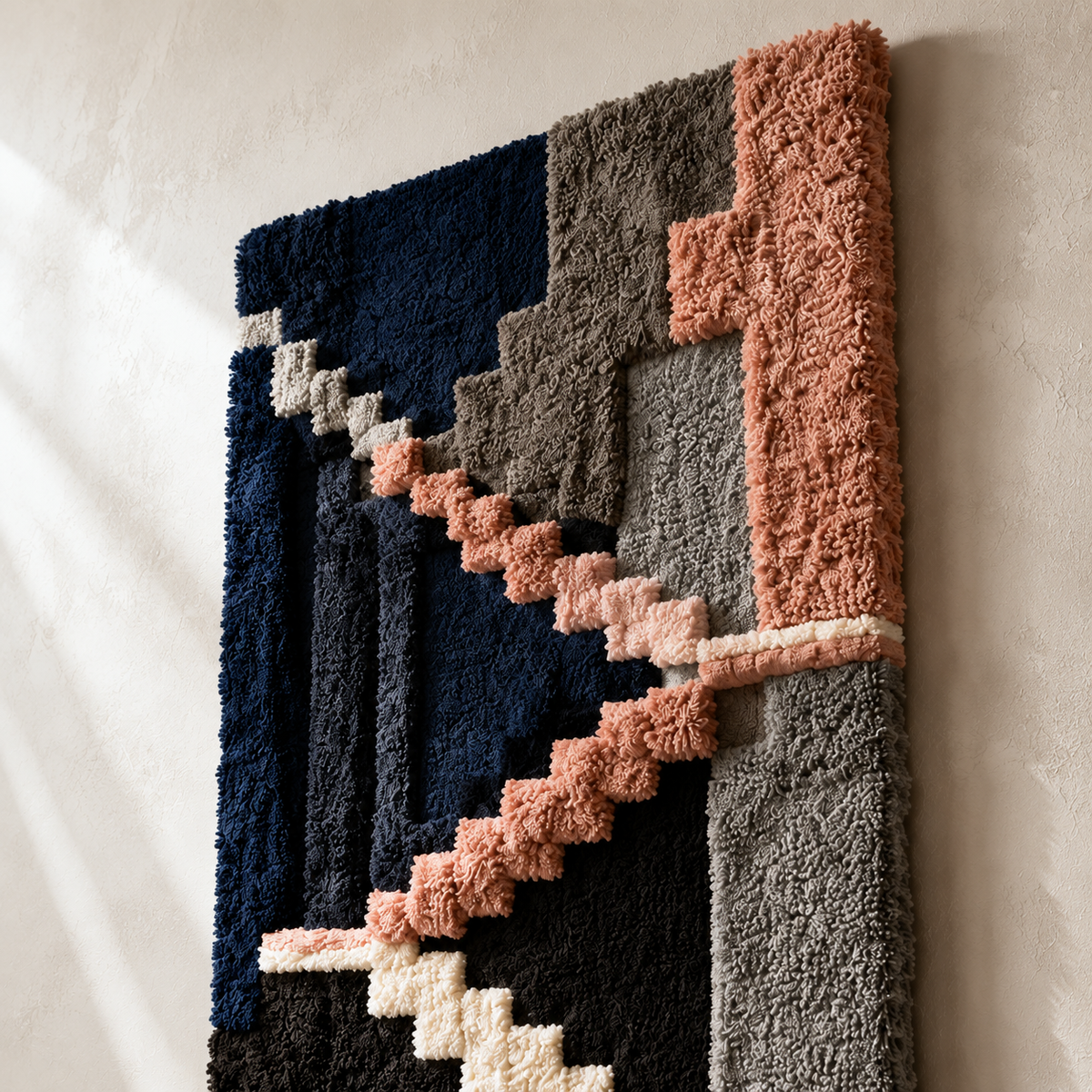 Close-up of Hewn Earth Color Arcade wall art showcasing vibrant, abstract geometric patterns on textured canvas.