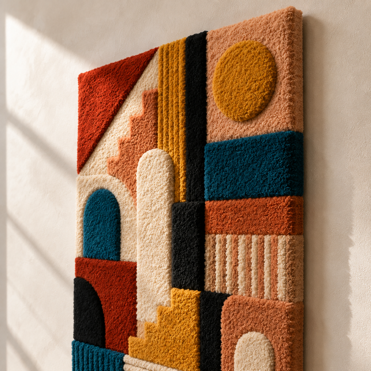 Close-up of a Cubist portrait wall art by Hewn Earth, showcasing geometric shapes and vibrant colors in a detailed design.