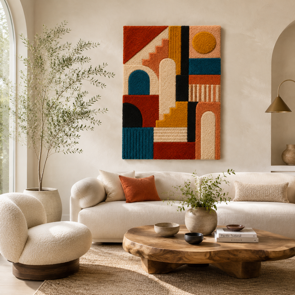 Hewn Earth Cubist Portrait wall art featuring abstract geometric shapes and earthy tones on canvas.
