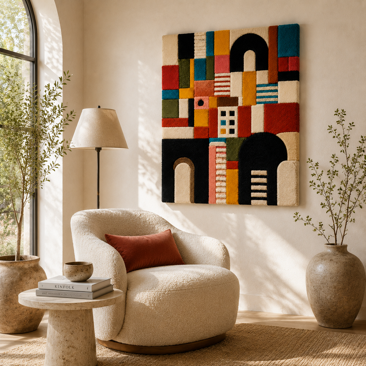 Hewn Earth Night Stair wall art featuring a dark, abstract staircase design on a textured surface.
