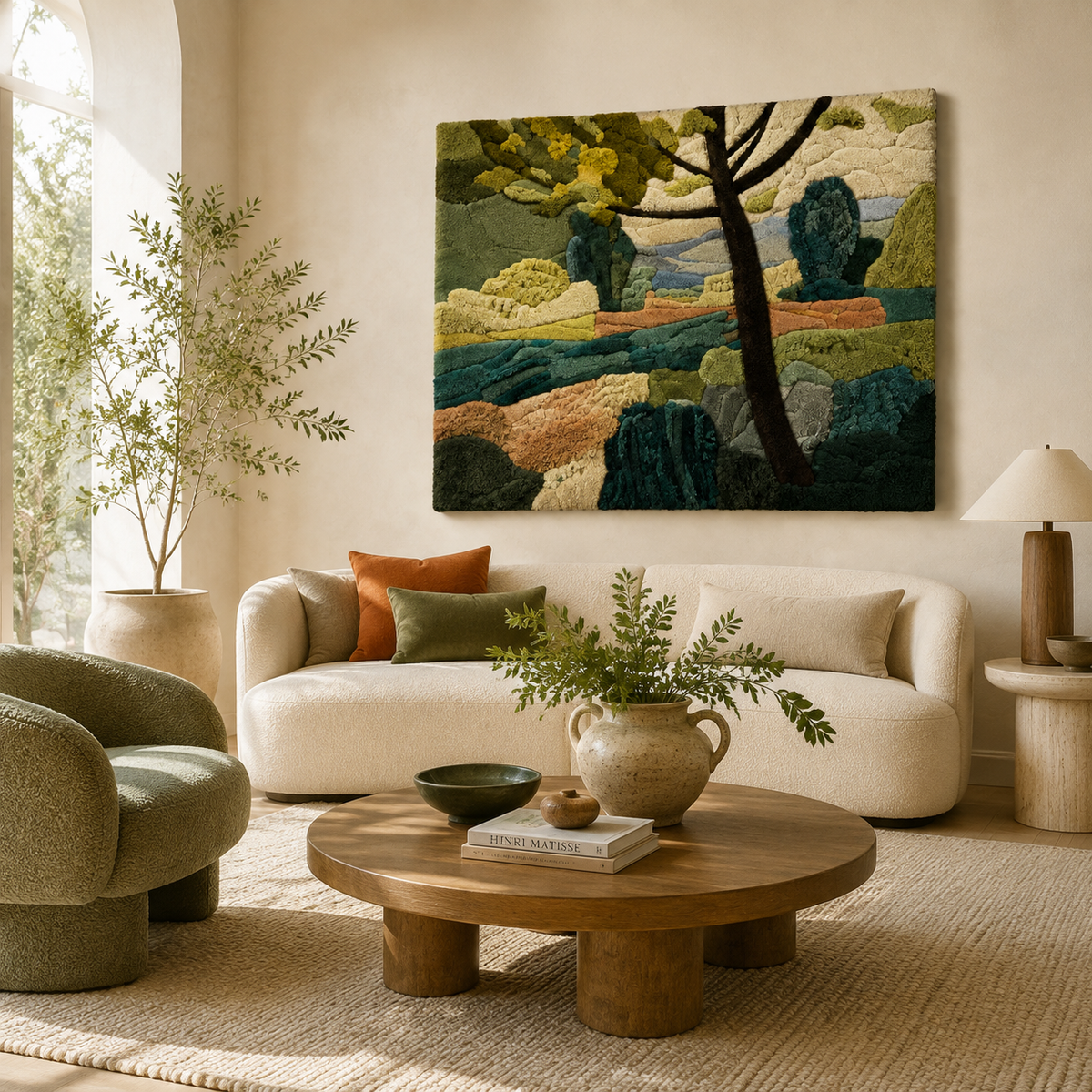 Hewn Earth music room wall art featuring a serene, artistic depiction of musical instruments and notes on a textured background.