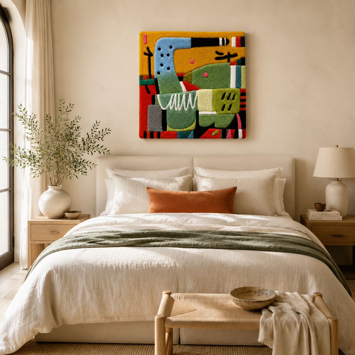 Hewn Earth Orchard Hills wall art featuring a scenic landscape with trees and rolling hills in natural tones.