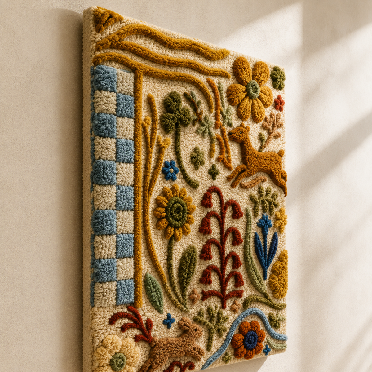 Close-up of Hewn Earth wall art featuring a detailed sewing table design with intricate textures and natural wood tones.
