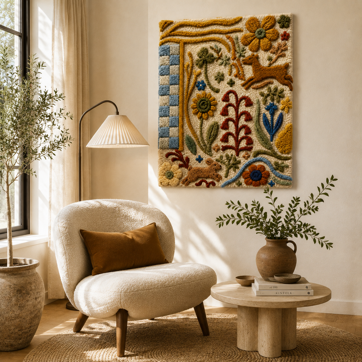 Hewn Earth sewing table wall art featuring a detailed illustration of a sewing table with tools and fabric accents.