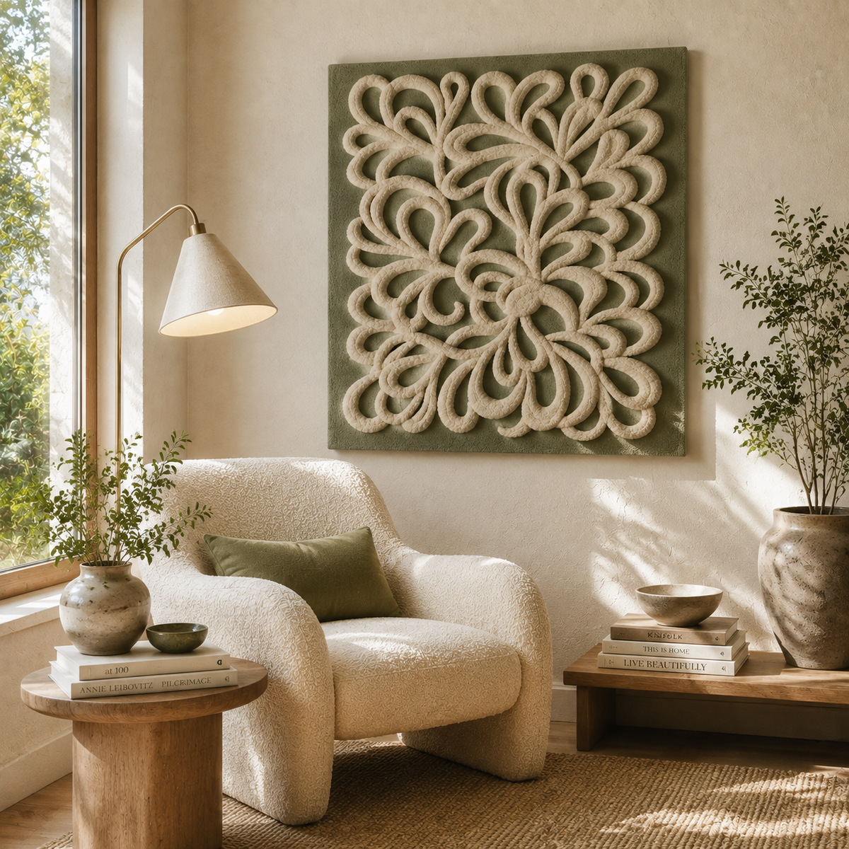 Hewn Earth Wall Art Window Garden scene with lush greenery and decorative plant display on a modern wall.