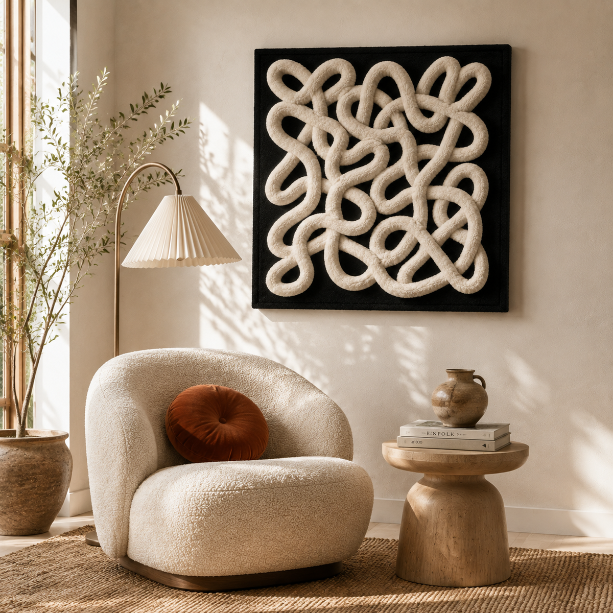 Indigo Lattice Hewn Earth wall art showcasing a geometric lattice pattern in deep indigo tones, mounted on a neutral background.