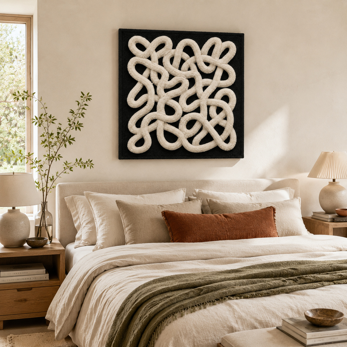 Indigo Lattice wall art by Hewn Earth featuring a geometric lattice design in shades of blue and white.
