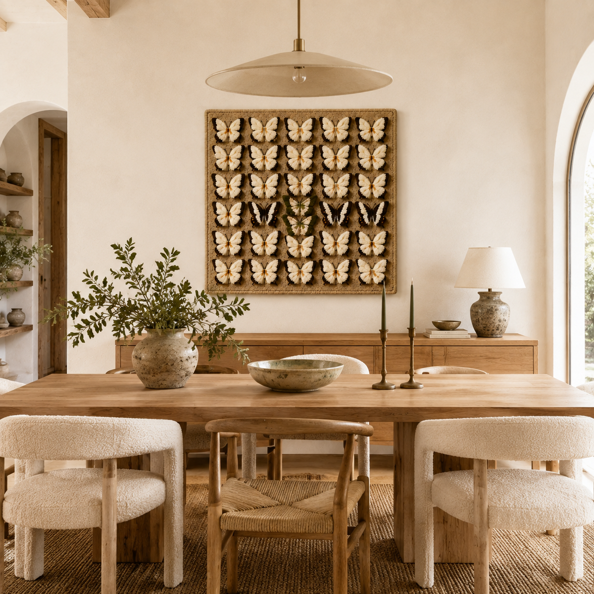 Close-up of Hewn Earth Lotus Screen wall art showing intricate floral design and natural wood textures.