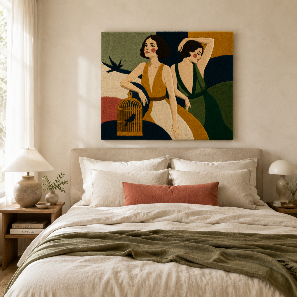 Hewn Earth Butterfly Grid Sage wall art featuring a vibrant, intricate butterfly design on a textured background.