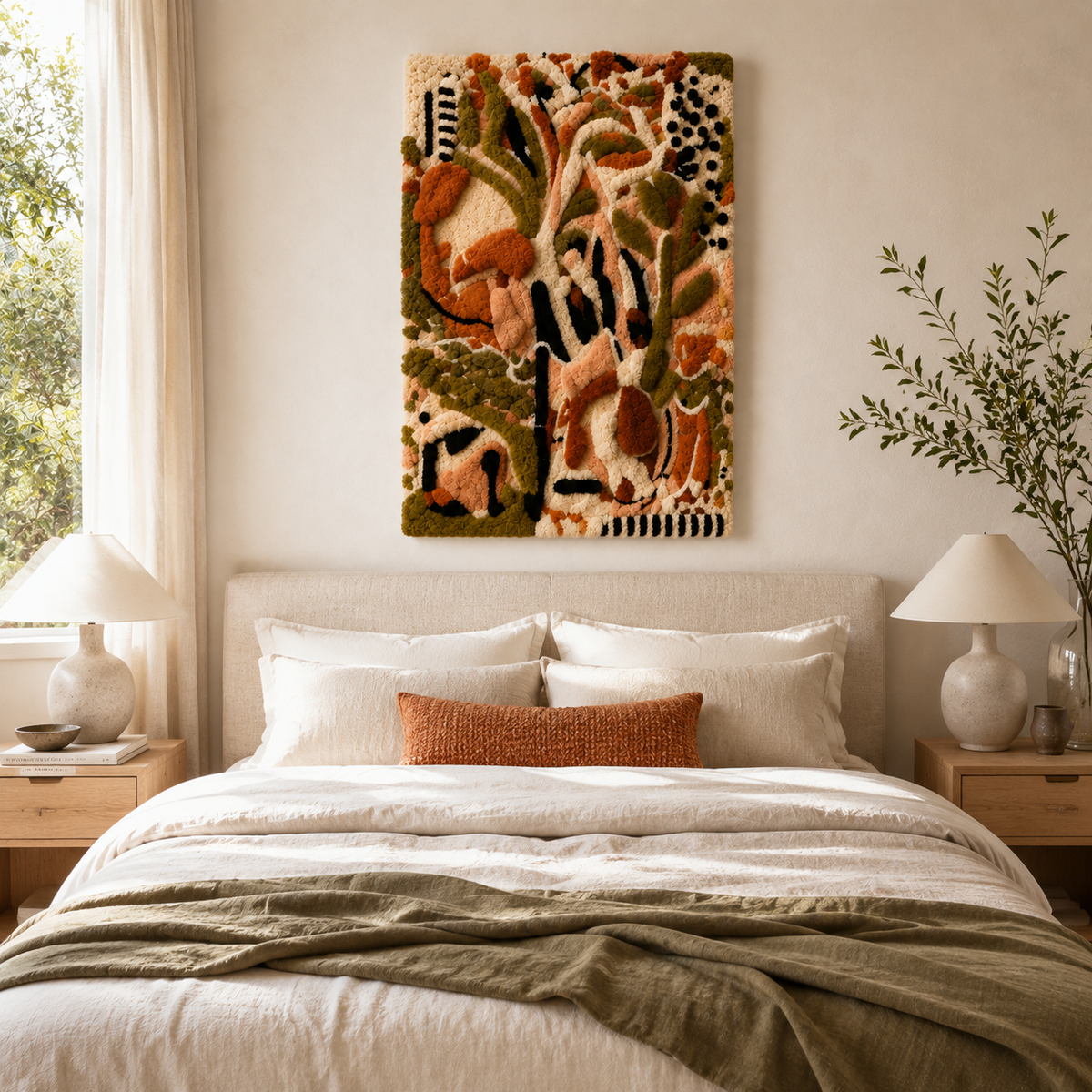 Two women with a bird wall art by Hewn Earth, featuring a minimalist design with soft, natural tones on a neutral background.