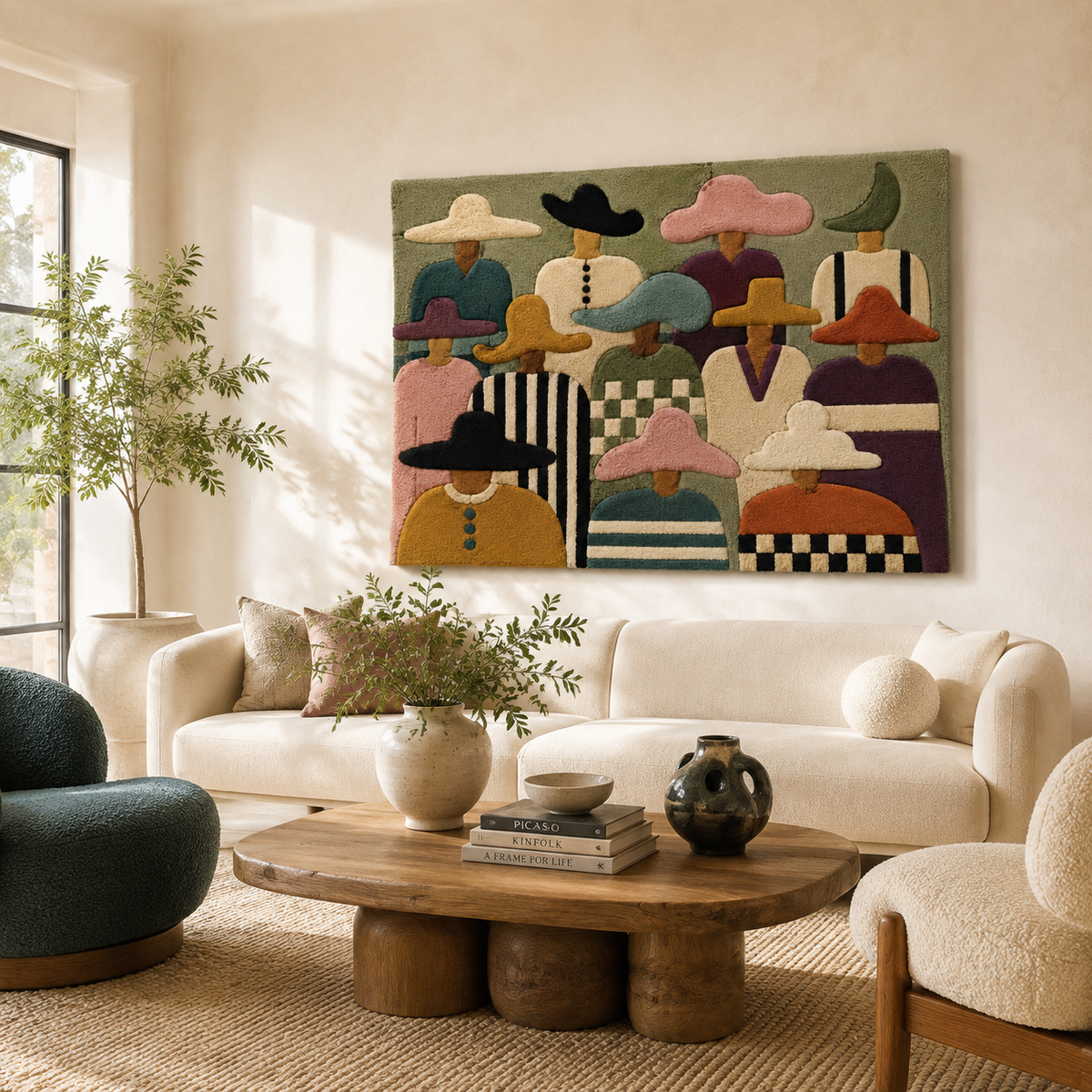 Three blue fish wall art by Hewn Earth, featuring vibrant aquatic-themed illustration on a white background.