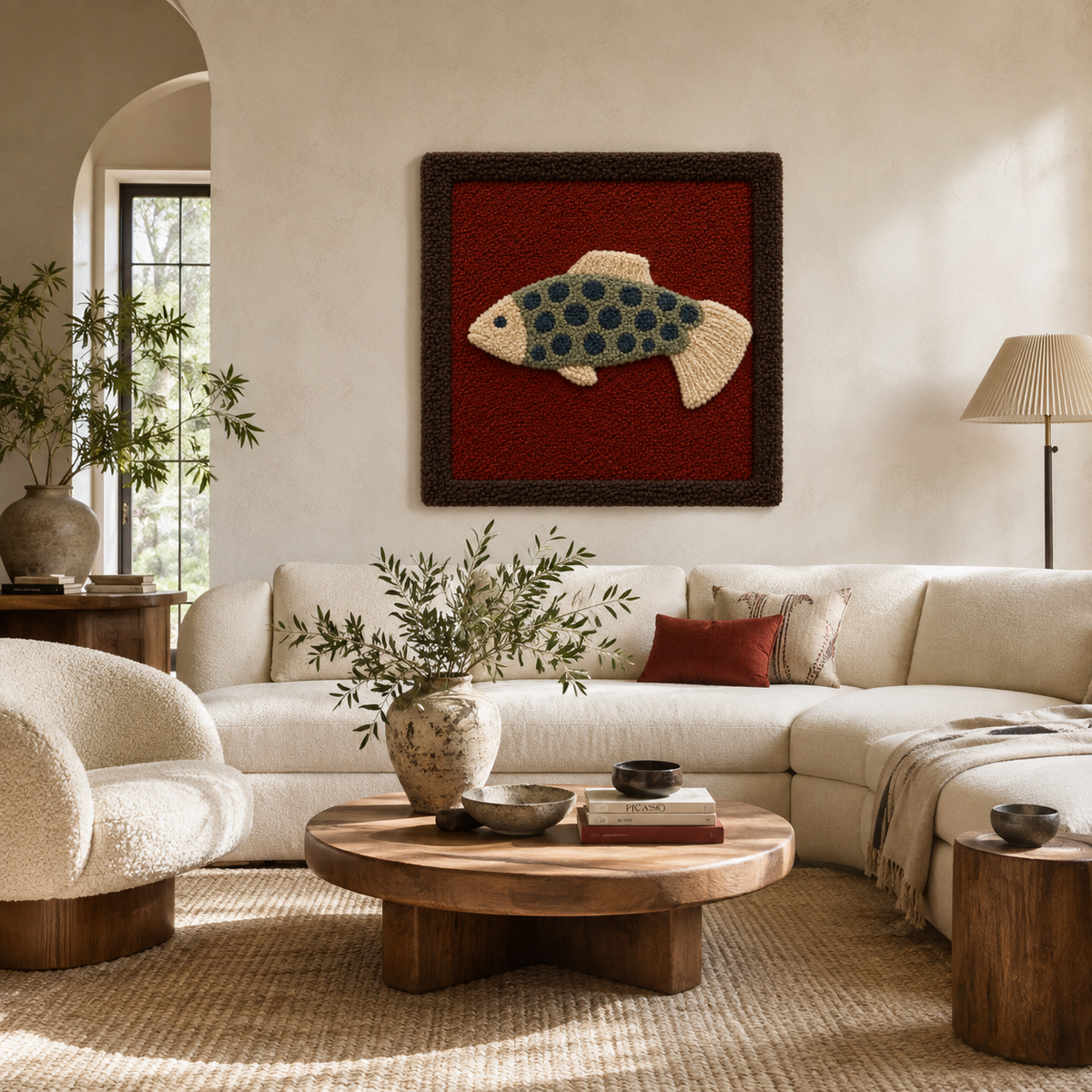 Close-up of Hewn Earth Village Tapestry wall art with intricate woven details and vibrant earthy colors.