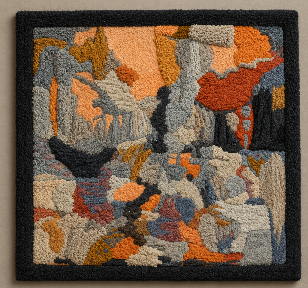 Hewn Earth Mountain Temple wall art depicting a serene mountain scene with temple structures in natural tones.