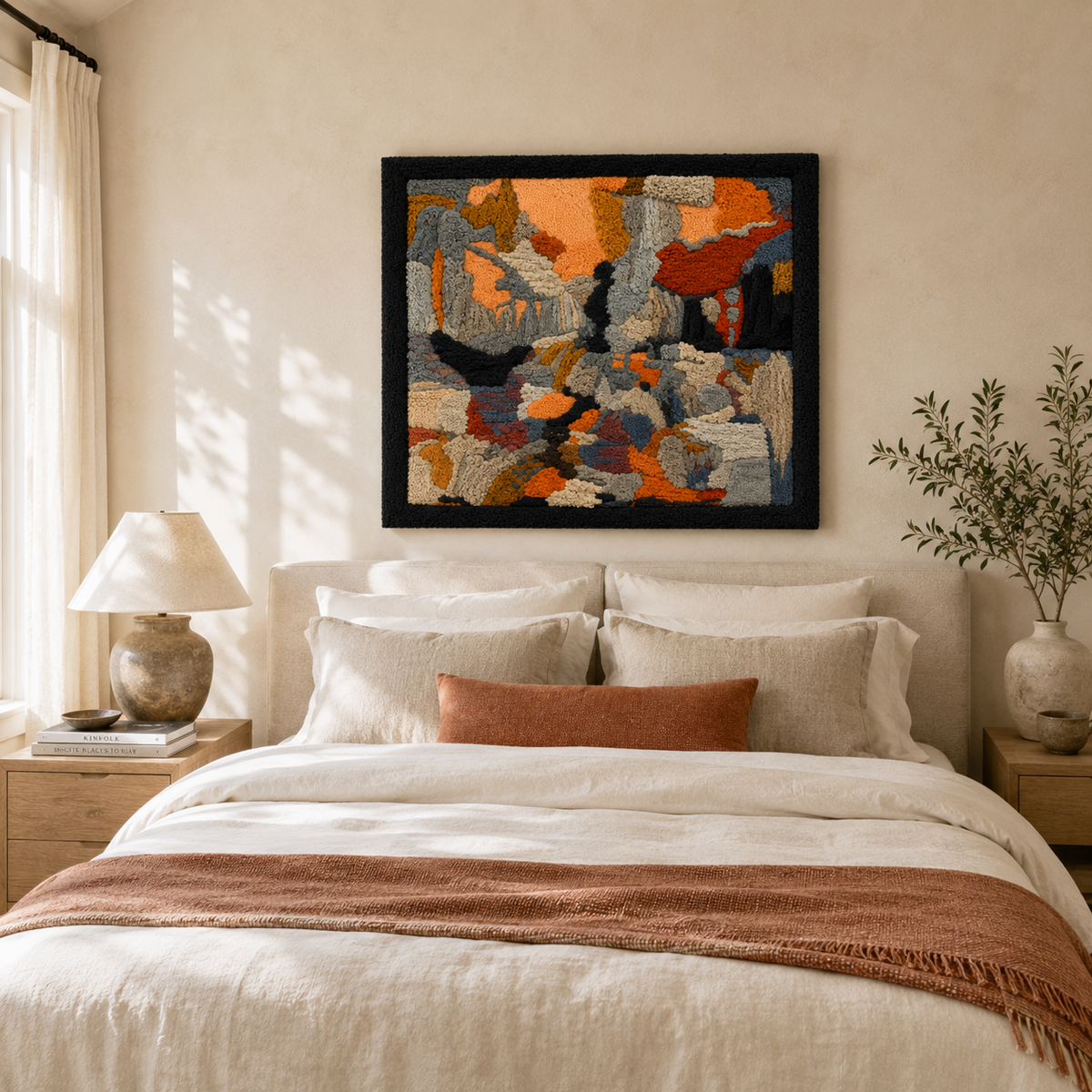 Detailed view of Hewn Earth Mountain Temple wall art, showcasing textured design and earthy tones on canvas.
