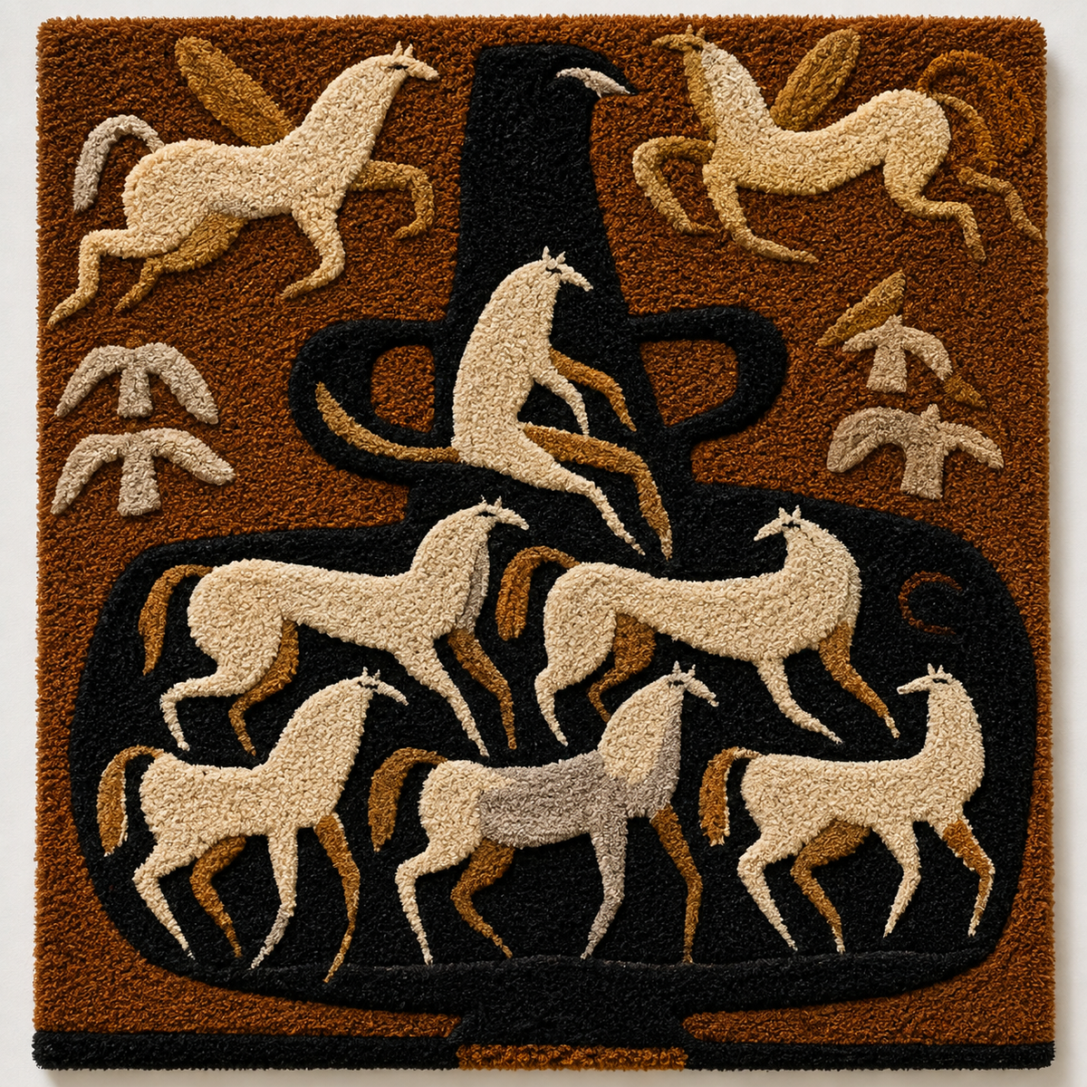 Hewn Earth Ceremonial Horse wall art depicting a detailed ceramic horse sculpture mounted on a wall.