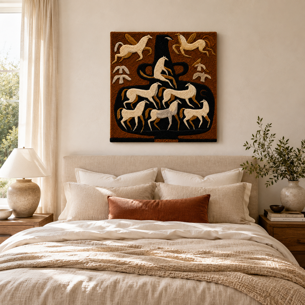 Ceremonial Horse wall art by Hewn Earth featuring a detailed, artistic depiction of a majestic horse in a natural setting.