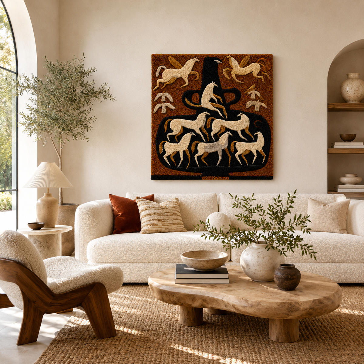 Detailed wall art of a ceremonial horse by Hewn Earth, featuring intricate design and vibrant colors for elegant home decor.