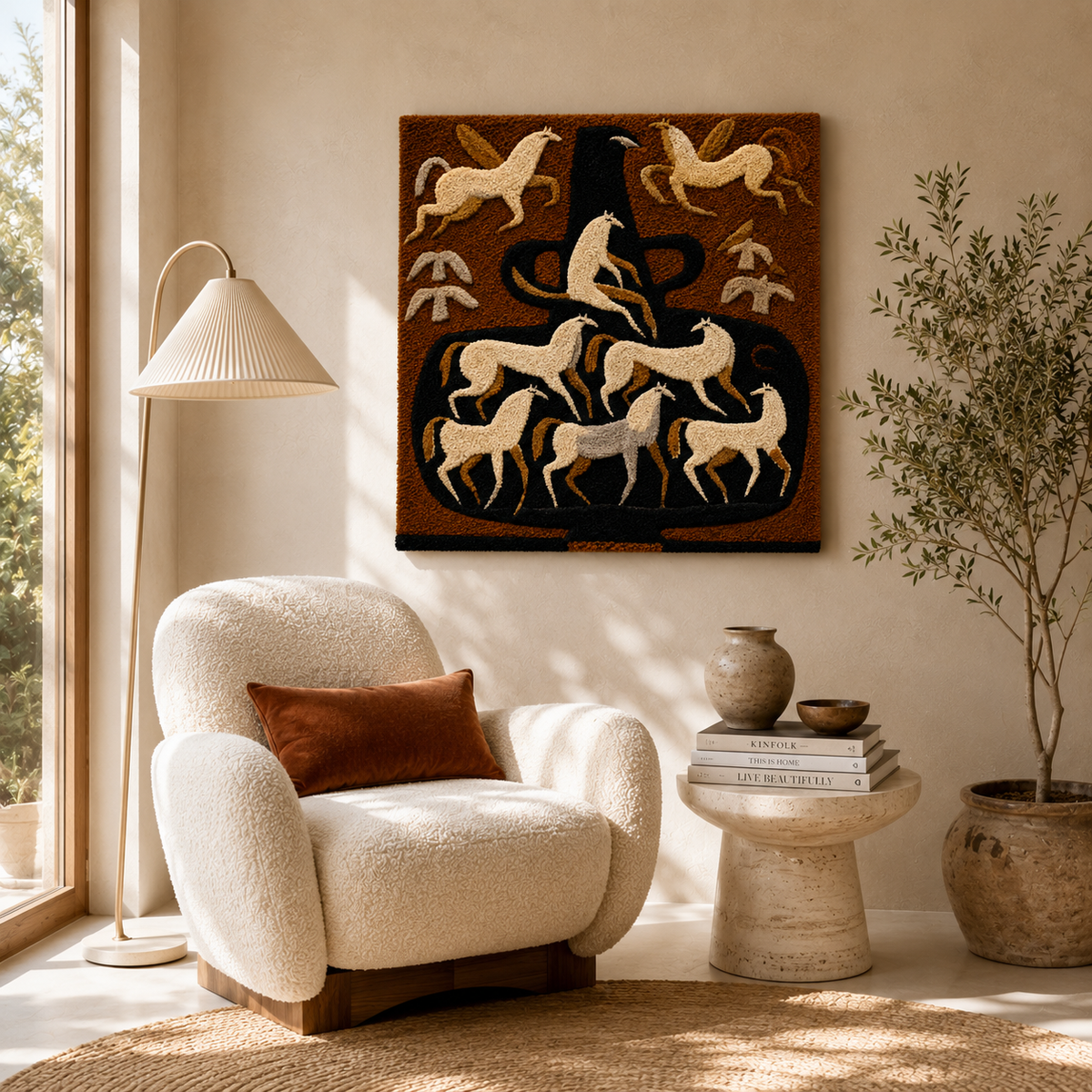 Ceremonial horse wall art by Hewn Earth featuring detailed, artistic depiction of a horse in a natural, earthy style.
