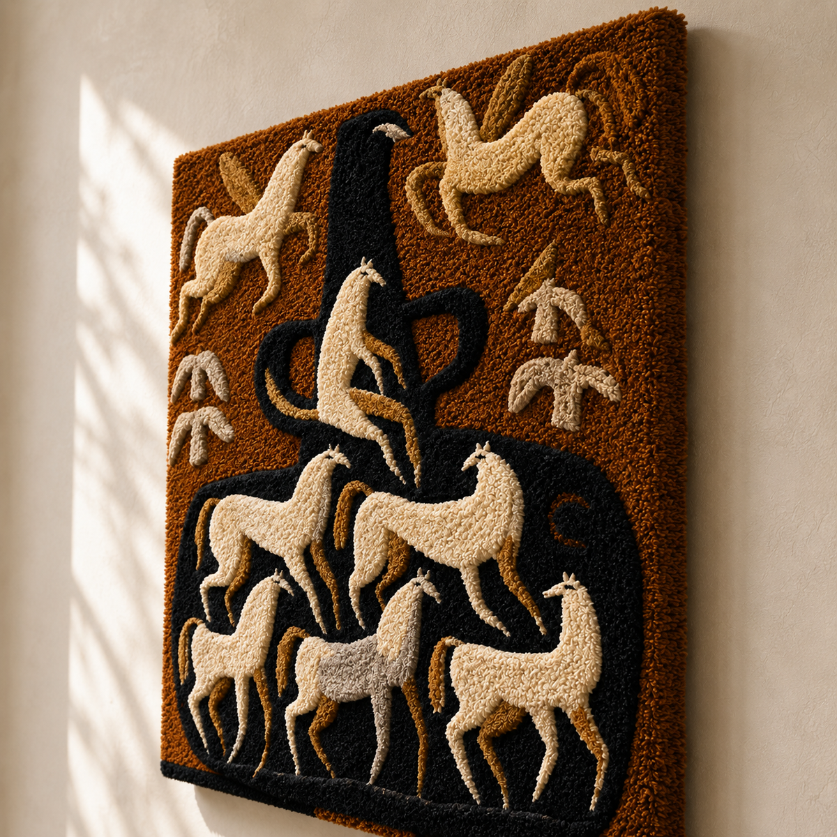 Ceremonial horse wall art by Hewn Earth featuring a detailed, artistic depiction of a horse on a textured background.