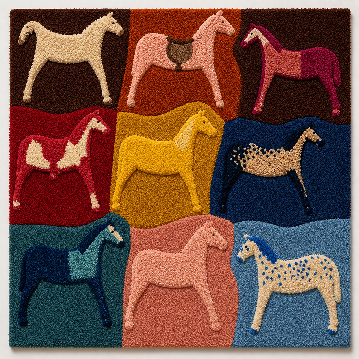 Hewn Earth Rider Mosaic wall art featuring a colorful, intricate mosaic design displayed on a plain room wall.