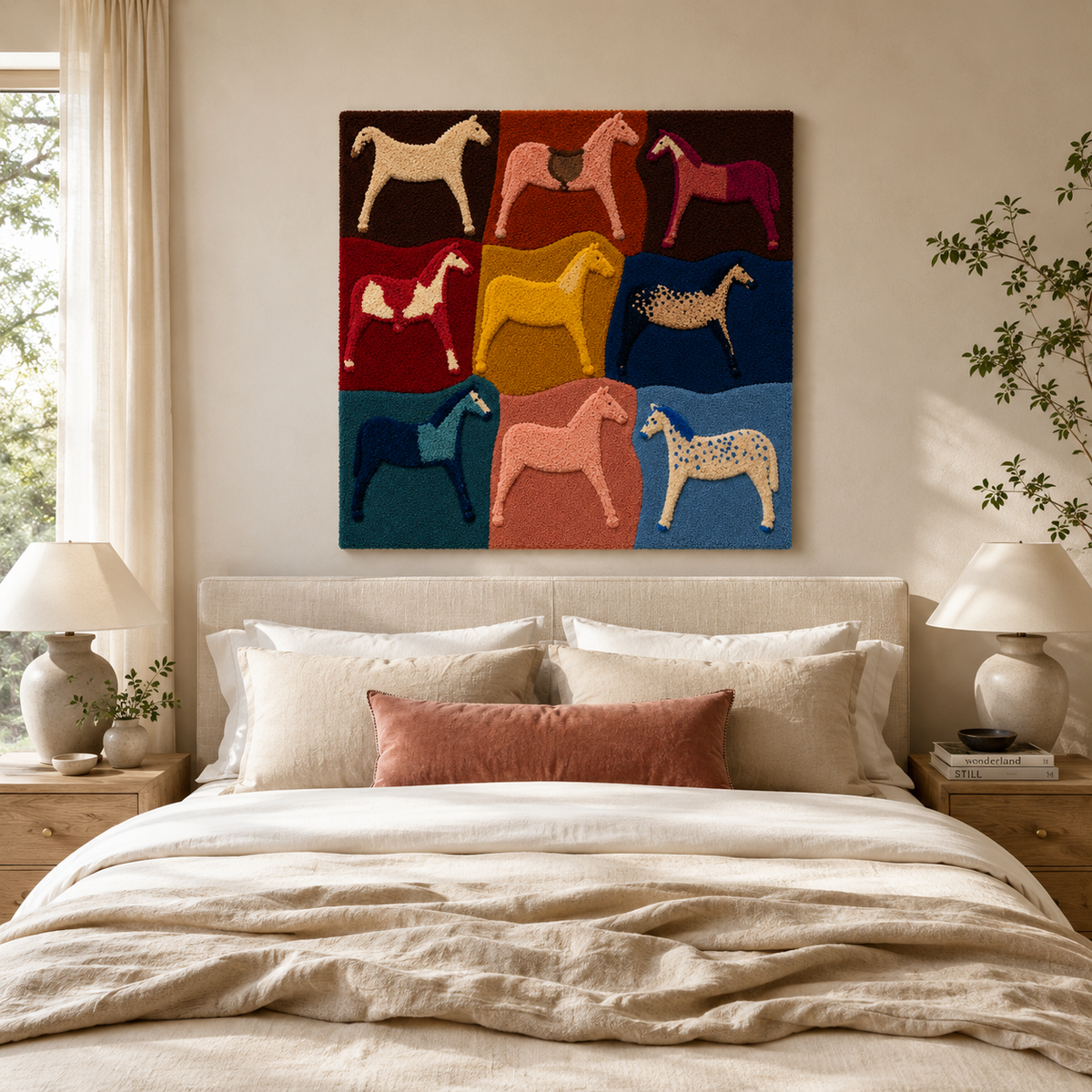 Hewn Earth Rider Mosaic wall art featuring vibrant, abstract design with geometric patterns on a light background.