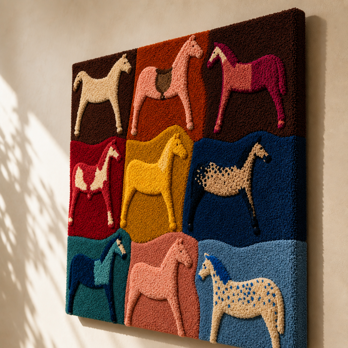 Colorful Rider Mosaic wall art by Hewn Earth featuring intricate geometric patterns on a neutral background.