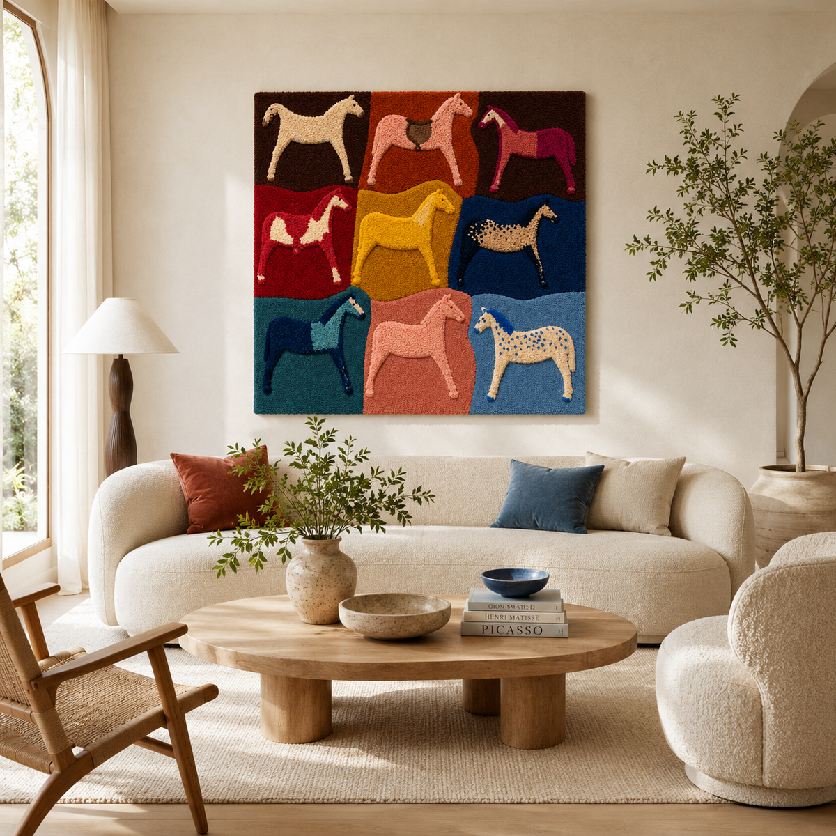 Hewn Earth Rider Mosaic wall art featuring vibrant, colorful geometric patterns on a decorative wall piece.