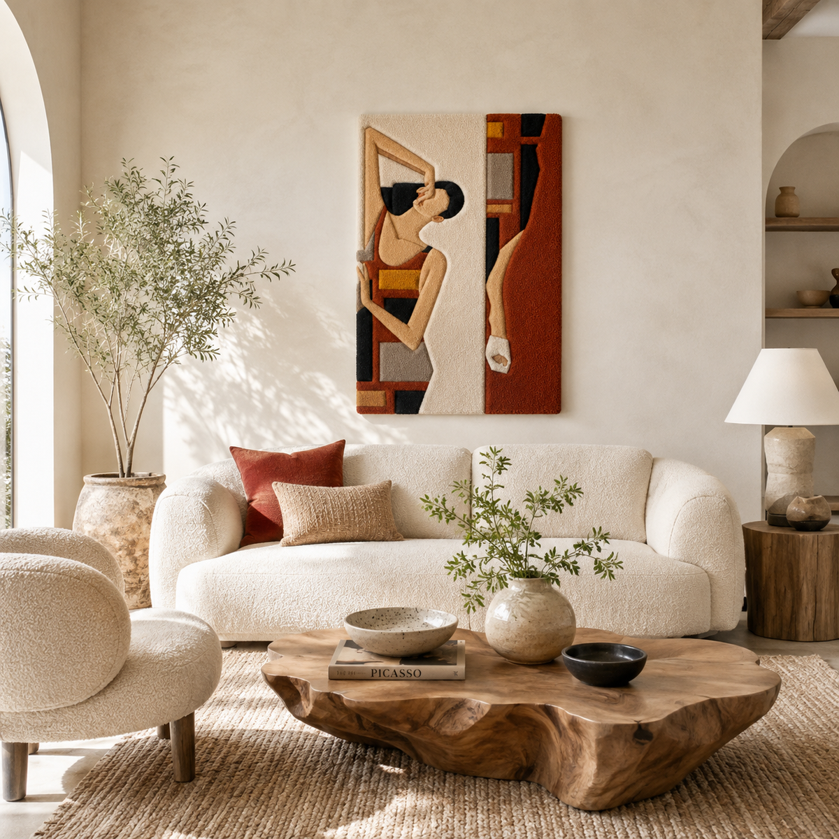 Hewn Earth Campfire Dance wall art featuring a vibrant, abstract design of a campfire scene on a wooden wall backdrop.