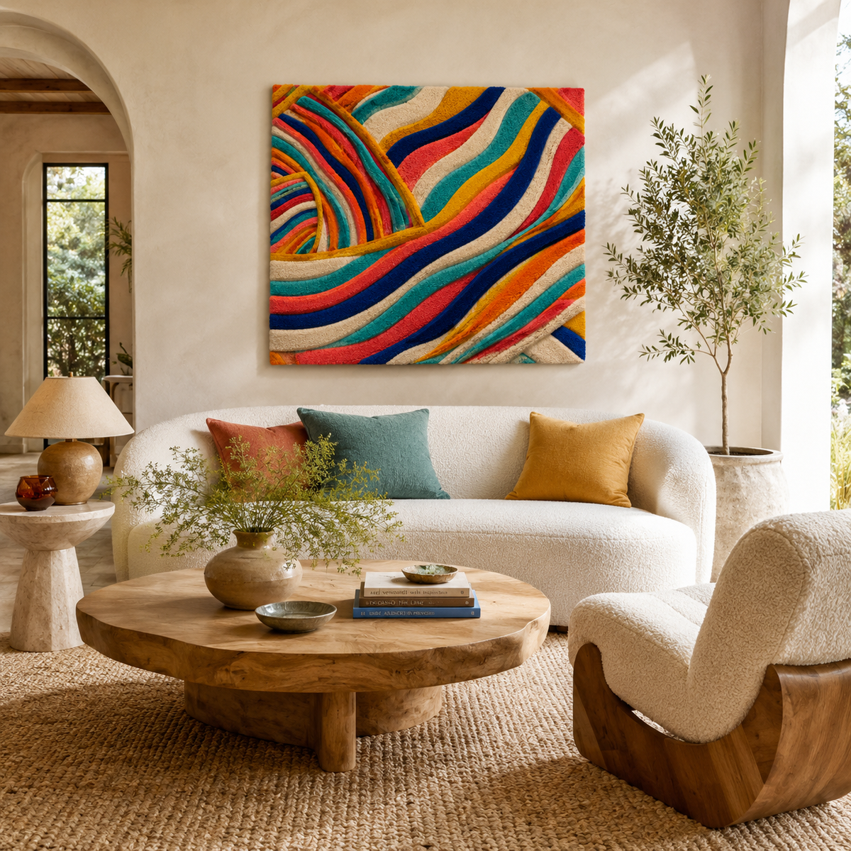 Hewn Earth Cat Gathering wall art featuring a colorful, detailed illustration of cats sitting together on a decorative background.
