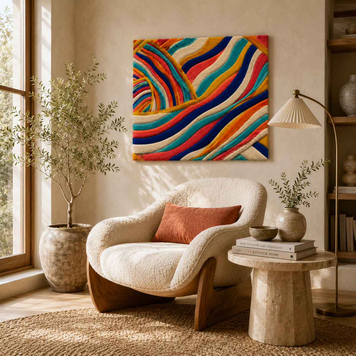 Hewn Earth Cat Gathering wall art featuring a colorful illustration of cats sitting together on a wooden wall.