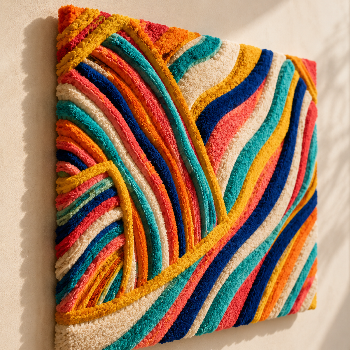Hewn Earth Cat Gathering wall art featuring a colorful, abstract feline scene on a textured canvas display.