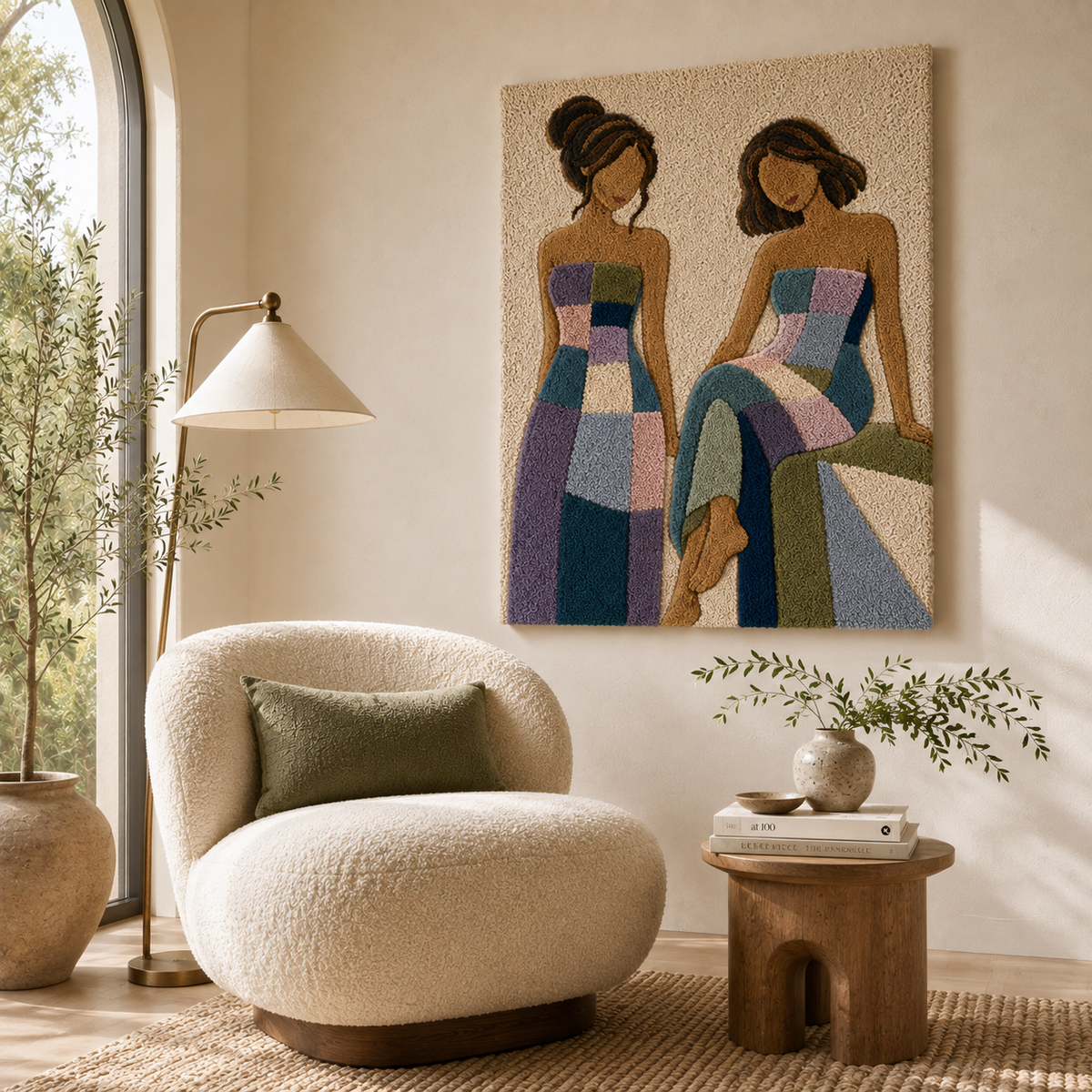 Hewn Earth Mirror Morning wall art featuring a serene, abstract design on a wall, enhancing modern home decor.