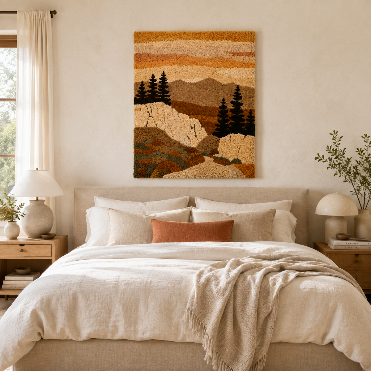 Hewn Earth wall art depicting a serene wine scene at dusk with warm tones and artistic brushstrokes.