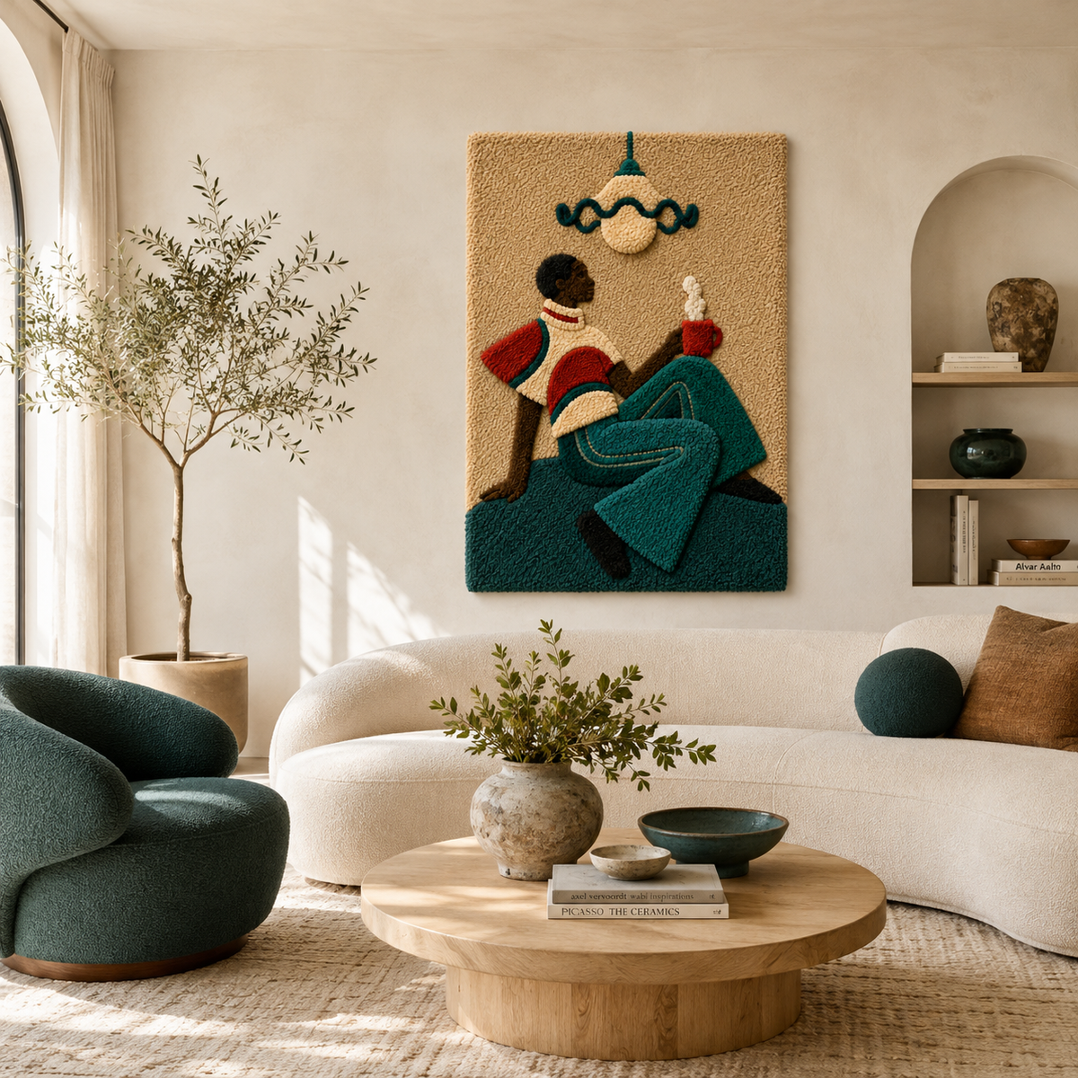 Hewn Earth Storybook Village wall art featuring a whimsical village scene with colorful buildings and trees on a light background.