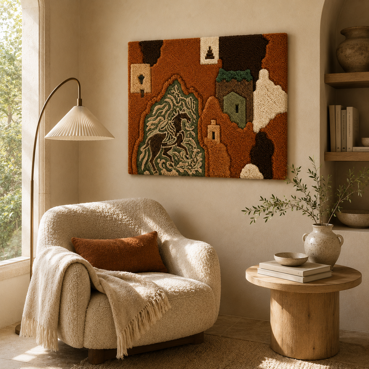 Close-up of Hewn Earth Mountain Pine wall art featuring detailed textured pine tree artwork on a neutral background.