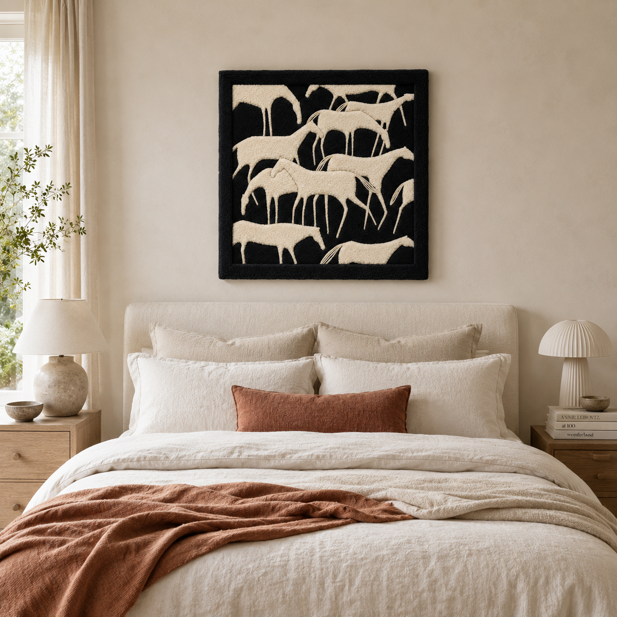 Close-up of Hewn Earth Wavy Sunset wall art showcasing textured, wavy patterns in warm sunset tones on a canvas.