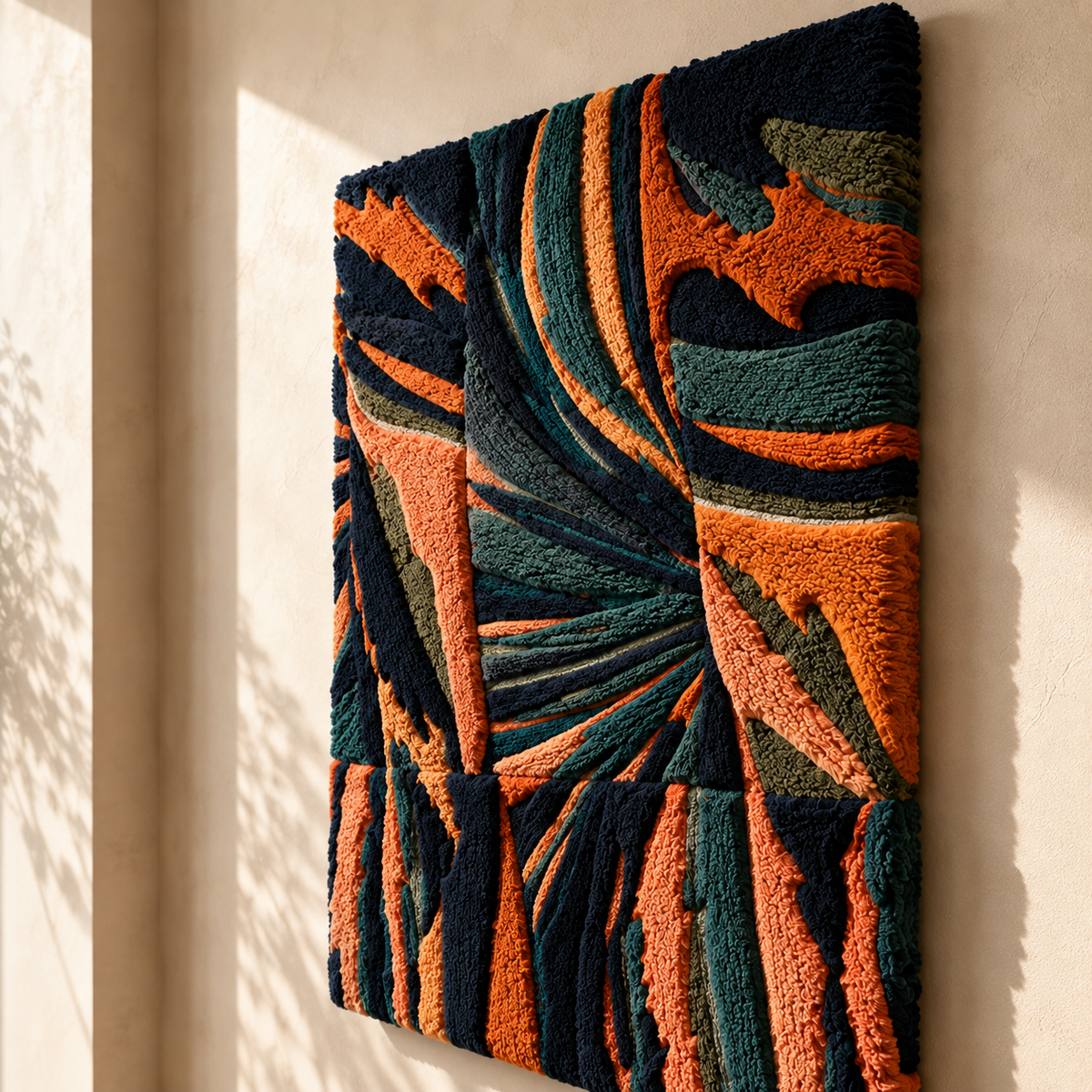 Close-up of Hewn Earth Cubist Conversation wall art showcasing geometric shapes and earthy tones on a textured canvas.